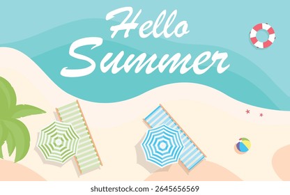 "Hello Summer" banner, poster and background design template with sunny beach scene, palm trees, beach chair, umbrella, sandy beach and ocean. Summer time. Vector illustration