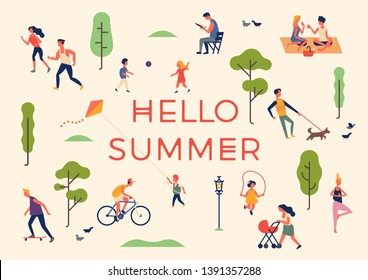 'Hello Summer' banner, poster or card template with people enjoying their time outdoors in park, riding bicycle, jogging, walking, playing ball, doing yoga, flying kite, having picnic, reading