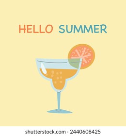 Hello Summer banner, poster or cover with cocktail with citrus. Vector illustration on yellow background