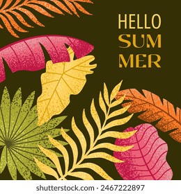 Hola Anuncio de verano, cartel o portada con hojas tropicales abstractas y tipografía moderna. Plantilla de diseño para branding, publicidad, eventos promocionales y venta. Tarjeta Tropical Summer en estilo minimalista.