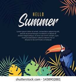 Hello summer banner, poster, greeting card, Colorful tropical background with toucan and exotic leaves, summer happy summer. Vector illustration