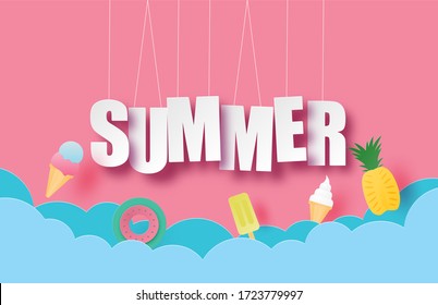 Hello summer banner or poster with hanging text and decoration in paper cut style. Vector illustration digital craft paper art. wallpaper, backdrop, summer season. ice cream, pineapple, swim ring.