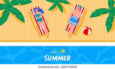 hello summer banner or poster with human on the swimming pool, yellow and blue background. vector, illustration