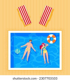 hello summer banner or poster with human on the swimming pool, yellow and blue background. vector, illustration