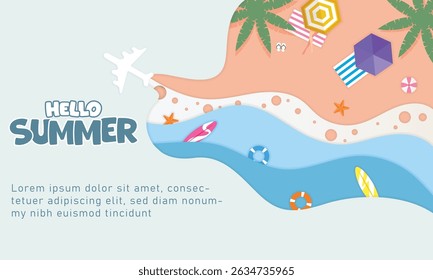 Hello Summer banner or poster with sea wave and beach in paper cut style.
