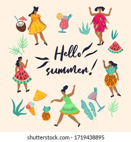 Hello summer banner or poster template with fantasy dressed as tropical fruits women. Cocktail party summer season invitation background. Flat vector illustration.