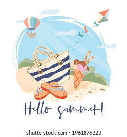 Hello Summer banner or poster template with beach accessories and ice cream on seashore sand. Summer traveling or party poster layout, flat vector illustration isolated on white background.