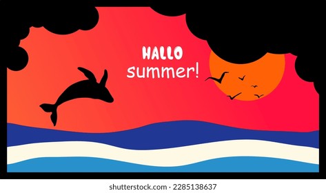 Hello summer banner or poster. Vector illustration digital craft paper art, the creative background of the panoramic landscape of the sea, dolphin jumping out of the sea