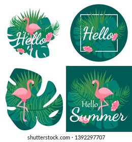 Hello summer, banner, print, background template design, tropical plants,  Flamingo, colorful vibrant tones, text