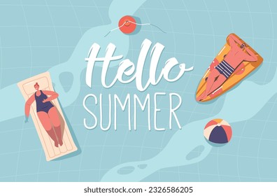 Hello Summer Banner with Relaxed Male and Female Characters Enjoying Summer Time Vacation Floating on Air Mattresses