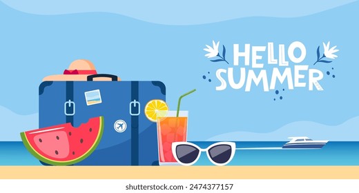 Hello summer banner. Retro travel suitcase on tropical beach. Beach hat, sunglasses, cocktail, watermelon. Travel concept. Summer vacation. Vector illustration