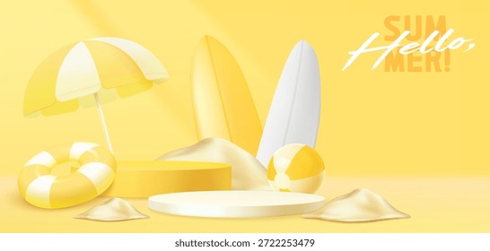 Hola Anuncio de verano con escenario redondo y tablas de surf sobre fondo amarillo. Vector ilustración realista de podios para presentación de productos o descuentos, sombrilla de playa, arena y accesorios de vacaciones