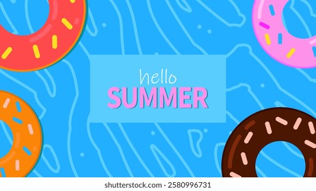 Hello summer banner with rubber ring donuts for swimming. Swimming pool. Modern isolated vector illustration.