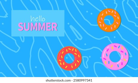 Hello summer banner with rubber ring donuts for swimming. Swimming pool. Modern isolated vector illustration.