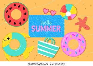 Hello summer banner with rubber rings and beach elements for swimming. Sand. Modern isolated vector illustration.