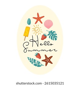 Hello summer banner. Script quote about summer beginning. Modern phrase with berry, popsicles, tropical leaves, shell, starfish. Summer greeting banner. Background For poster, card, banner, coupon.