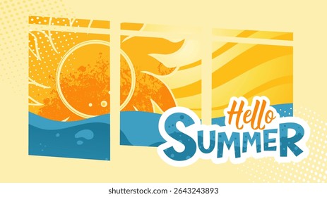Hello Summer banner with sea and sun – summer poster vector illustration