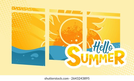 Hello Summer banner with sea and sun – summer poster vector illustration