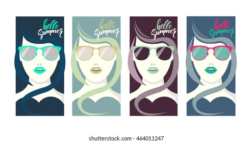 Hello summer. A banner set of 4 pieces of the young girl in glasses with curls. Banner for your design.