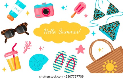 Hello summer banner. Summer set. Swimsuit, hat, sunglasses, slippers, lemonad, icecream camera sunscreen and bag Cartoon vector illustration