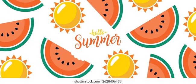 Hello Summer banner. Summertime background with hand lettering, watermelon slice and summer sun for Summer season creative graphic design. Vector illustration.