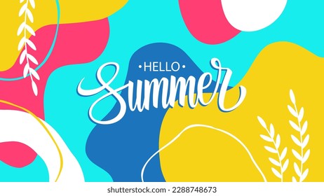 Hello Summer Banner. Summertime vibes seasonal background. Bright colors. Vector illustration.