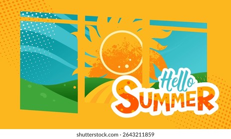 Hello Summer banner with sun and green field – summer poster vector illustration