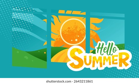 Hello Summer banner with sun and green field – summer poster vector illustration