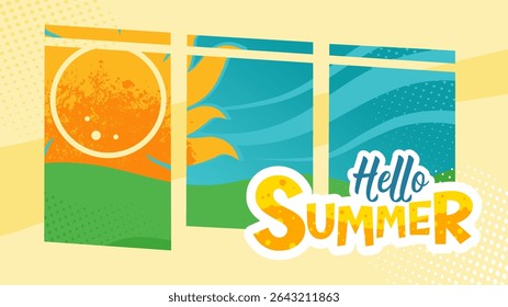 Hello Summer banner with sun and green field – summer poster vector illustration