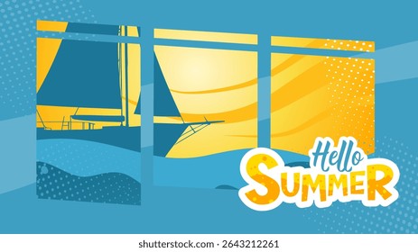 Hello Summer banner with sun and sailboats on the sea – summer poster vector illustration
