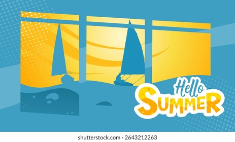 Hello Summer banner with sun and sailboats on the sea – summer poster vector illustration