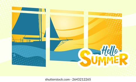 Hello Summer banner with sun and sailboats on the sea – summer poster vector illustration