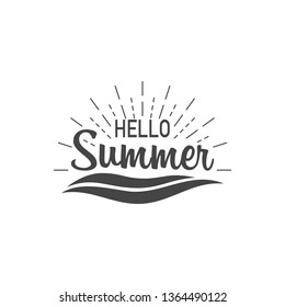 Hello summer. Banner hello summer with sunburst and waves. Sumer illustration. Text summer in lettering style. Vector illustration