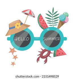 hello summer banner with sunglasses and summer items. vector illustration