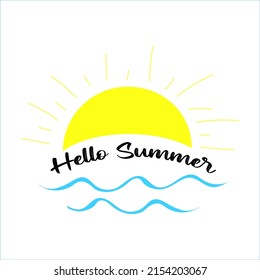 Hello Summer Banner with sunrise illustration, cute, simple and creative background
