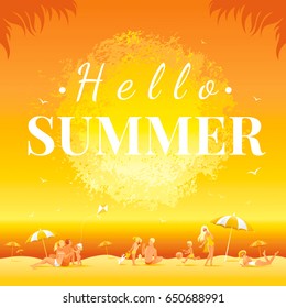 Hello summer banner sunset landscape. Sea beach background sun watercolor splash with text lettering logo. People travel lifestyle, family rest vector illustration. Flat modern poster flyer design 