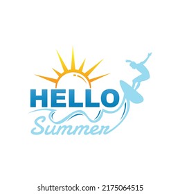 Hello summer banner surfer and wave surfing vector image. Hello Summer background with surfing men on abstract graphic shape blue wave and yellow sun
