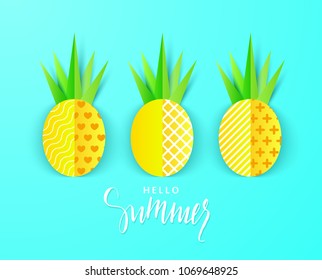 Hello Summer banner with Sweet paper pineapples on blue background. Vector illustration