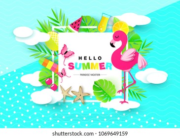 Hello Summer banner with Sweet Vacation Elements. Paper Art. Tropical plants, butterflies,pink flamingo, pineapple, ice cream, cherry, orange, cocktail, watermelon,starfish, clouds. Vector.