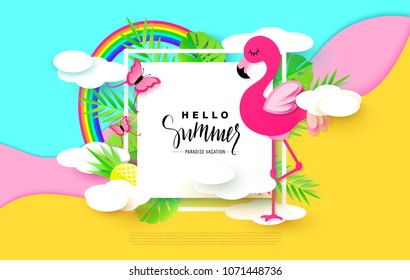 Hello Summer banner with Sweet Vacation Elements. Paper Art. Tropical plants, butterflies,pink flamingo, pineapple, rainbow,clouds. Vector illustration.