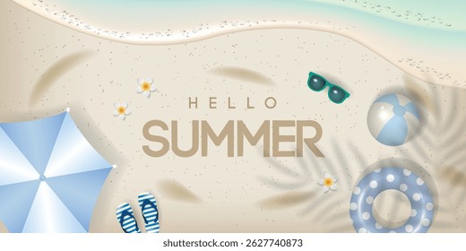 Hello Summer Banner Template mit Strandelementen wie Sonnenschirm, Strandball, Schwimmring, Sonnenbrille, Flip-Flips, Blumen auf Sand