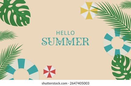 Hello Summer Banner Template with Colorful Beach Elements – Vibrant Vector Design for Seasonal Promotion and Holiday Ads