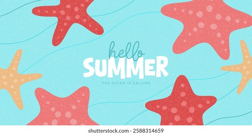 Hello Summer banner template. Creative vector background with hand-drawn sea stars or starfishes for decoration summer event, card, banner, cover, ads, holiday. Minimal art design in pale colors.