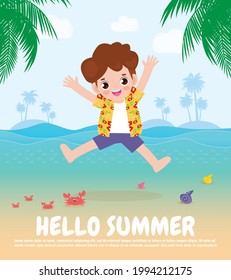 Hello summer banner template, cute kids jumping on the beach, summertime, Relaxing children at seashore, Lounge time at the seaside, vacation flat cartoon on background vector illustration