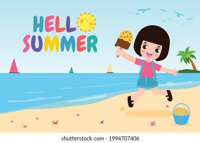 Hello summer banner template, Cute little kids holding ice cream and jumping on beach, happy in hot sunny day vacation flat cartoon isolated on background vector illustration