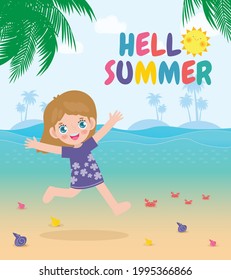 Hello summer banner template, cute kids jumping on the beach, summertime, Relaxing children at seashore, Lounge time at the seaside, vacation flat cartoon on background vector illustration