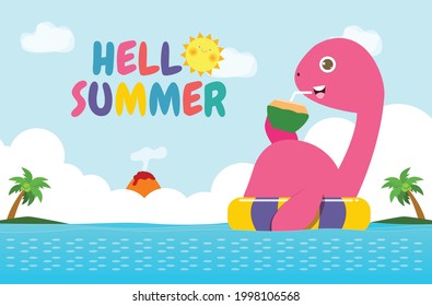 Hello summer banner template of Cute Dinosaur baby in swimming nd rubber ring in the sea. Dino cartoon floating on inflatable in the ocean isolated background vector illustration