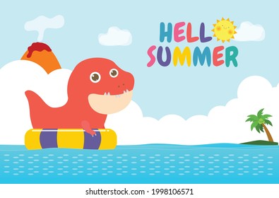 Hello summer banner template of Cute Dinosaur baby in swimming nd rubber ring in the sea. Dino cartoon floating on inflatable in the ocean isolated background vector illustration