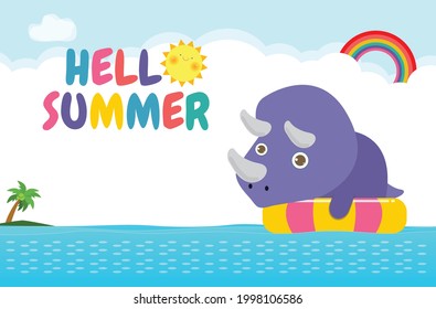 Hello summer banner template of Cute Dinosaur baby in swimming nd rubber ring in the sea. Dino cartoon floating on inflatable in the ocean isolated background vector illustration