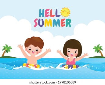 Hello summer banner template of Cute kids in swimming and rubber ring in the sea. children cartoon floating on inflatable in the ocean isolated background vector illustration